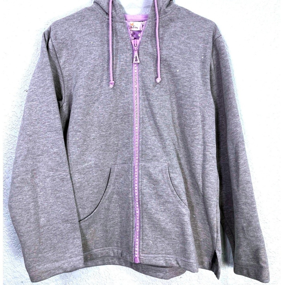 Quacker Factory Womens Rhinestone Hoodie Sz S Heather Gray Purple Full Zip Y2K